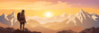 A tourist meets the sunrise in the mountains, hiking, adventure tourism and travel, vector illustration	