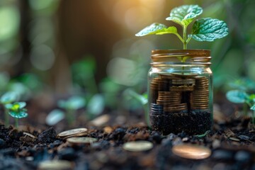 A jar full of coins buried in soil, depicting investment growth with a sprouting plant on top for financial concepts