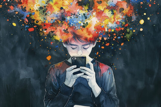 A person focusing on their cell phone while colorful splatters adorn their head in a vibrant and striking scene