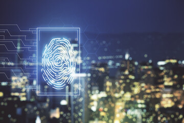Poster - Abstract virtual fingerprint illustration on blurry skyscrapers background, personal biometric data concept. Multiexposure