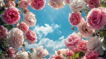 Poster - Pink and white roses and peonies framing all corners, roses and peonies facing forward, sky in center, strong depth of field, blue sky. Generative AI.