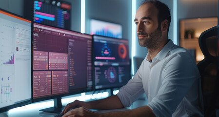 Leinwandbilder - A man is standing at his workstation typing on desktop PC with a monitor in background with large interactive screens displaying apps in a flowchart in the screens, in a modern office. Generative AI.