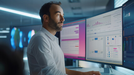 Canvas Print - A man is standing at his workstation typing on desktop PC with a monitor in background with large interactive screens displaying apps in a flowchart in the screens, in a modern office. Generative AI.