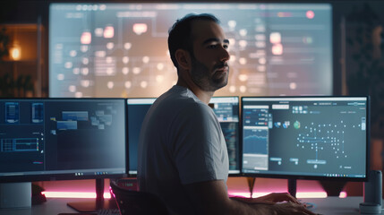 Fototapete - A man is standing at his workstation typing on desktop PC with a monitor in background with large interactive screens displaying apps in a flowchart in the screens, in a modern office. Generative AI.