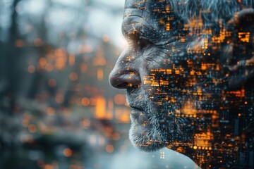 Composite image of a man's profile overlaid with vibrant digital cityscape, symbolizing connectivity and data flow