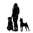 woman and dogs silhouette on white background 