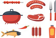 steak, grilled sausages, cauldron in flat style on a white background vector