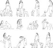 people with dogs set sketch on white background vector