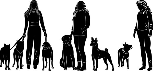 Poster - women standing with dog silhouette on white background vector