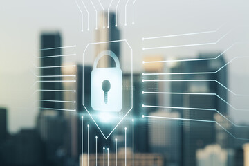 Poster - Virtual creative lock illustration with microcircuit on blurry skyscrapers background, cyber security concept. Multiexposure