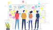 ©  Mohammad Xte - Illustration Group brainstorming in front of a giant whiteboard filled with colorful sticky notes and sketches