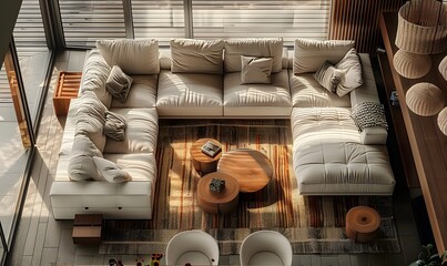 Wall Mural - Top view of a cozy living room with a sectional sofa and modern furniture, with a natural light background, concept of home interior.