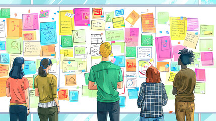 Illustration Group brainstorming in front of a giant whiteboard filled with colorful sticky notes and sketches