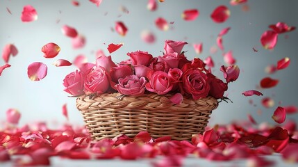 Poster - Rose flower petals falling from above with flowers in a basket on a white background. Generative AI.