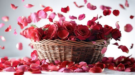 Poster - Rose flower petals falling from above with flowers in a basket on a white background. Generative AI.