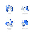 Simple set of isometric flat icons for employment 1. Contains such symbols as Training, Coordination, Employee Benefits and Working hours.