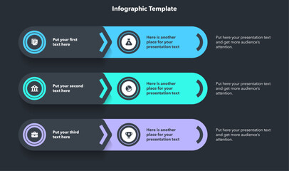 Fototapete - Modern diagram with three options with icons and a place for your text - dark version. Flat infographic design for website, marketing or promotion.