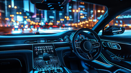 Poster - Modern car interior, metallic black and electric blue, Modern Cityscape, soft ambient lighting. Generative AI.