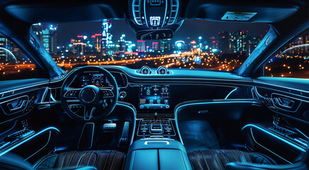 Poster - Modern car interior, metallic black and electric blue, Modern Cityscape, soft ambient lighting. Generative AI.