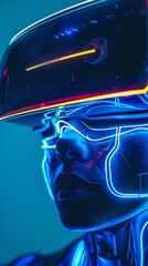Wall Mural - human face of cyborg character in glowing blue neon colors in virtual reality helmet against blue background