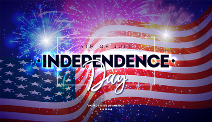 Wall Mural - 4th of July Independence Day of the USA Illustration with American Flag and Shiny Fireworks on Night Sky Background. Vector Fourth of July National Celebration Design with Typography Letter for Web