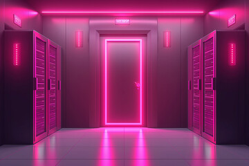 Wall Mural - A neon pink door is in the middle of a room with pink walls and pink cabinets