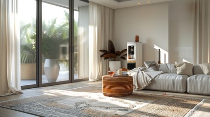 Aufkleber - Arab decoration style living room, with tea machine, carpet, white and beige, wood, simple and clean, natural light. Generative AI.