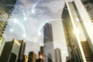 Poster - Abstract graphic digital world map hologram with connections on modern architecture background, globalization concept. Multiexposure