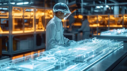 Aufkleber - Holographic factory shop floor on a table, an engineer standing next to the ultra translucent futuristic factory shop floor, projected display of information, digital display. Generative AI.
