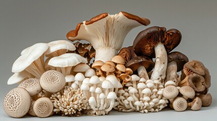 Group shot featuring a variety of mushroom species arranged together on white background