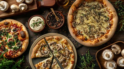 Top view of gourmet mushroom dishes such as pizza on wooden background