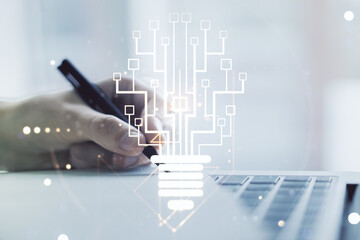 Poster - Double exposure of creative light bulb hologram with chip and hand writing in notebook on background with laptop, idea and brainstorming concept