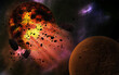 An destructive outer space event of dead planets releasing energy from its core, covered itself insmall particle and debris, Sci-fi apocalypse space background for desktop wallpaper, 3d illustration