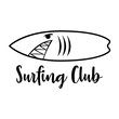 Logo club de surf. Texto Surfing Club con silueta de tabla de surf con forma de tiburón lineal