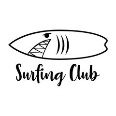 Sticker - Logo club de surf. Texto Surfing Club con silueta de tabla de surf con forma de tiburón lineal