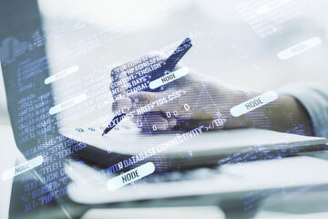 Aufkleber - Double exposure of abstract creative programming illustration with world map and hand writing in notepad on background with laptop, big data and blockchain concept