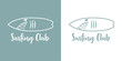 Logo club de surf. Texto Surfing Club con silueta de tabla de surf con forma de tiburón lineal