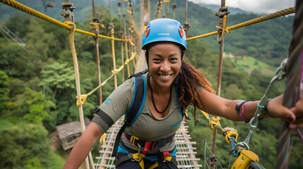 Solo Traveler Bungee Jumping off Towering Bridge, Solo traveler, bungee jumping, towering bridge, portrait shot