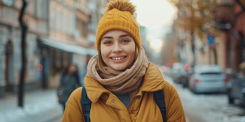 Cheerful young woman in warm cotton jacket standing on street