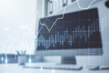 Poster - Double exposure of abstract creative financial chart and modern desktop with laptop on background, research and strategy concept