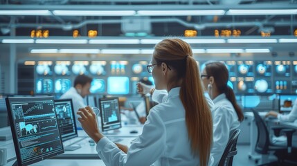 Poster - Group of professionals in a high-tech office work diligently on computer, with the latest digital tools and interactive display, highlighting the synergy between humans and technology. Generative AI.