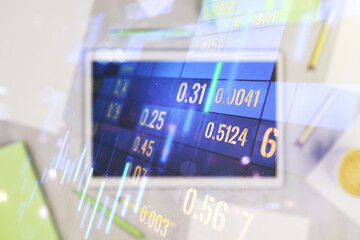 Poster - Double exposure of abstract creative financial diagram and modern digital tablet on background, banking and accounting concept