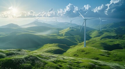 Poster - Renewable energy, green future, wind turbines above green hills. Generative AI.