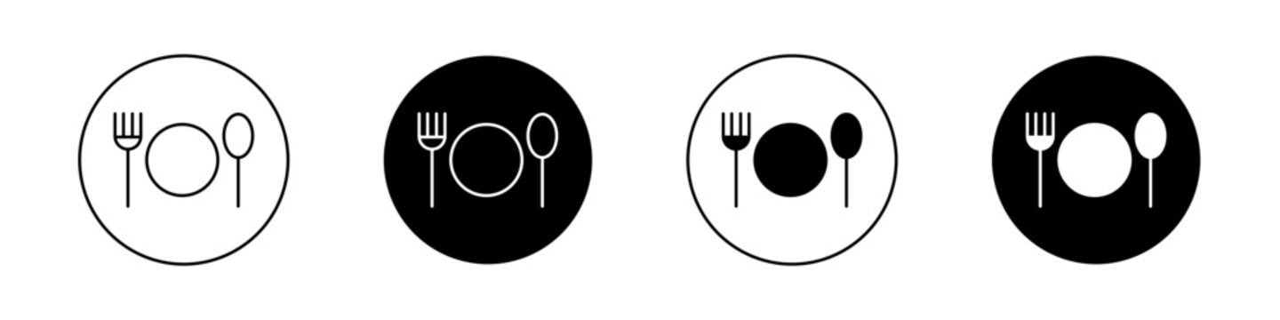 Restaurant icon set. restaurant dinner plate spoon and fork cutlery vector symbol. lunch dish utensil pictogram. meal icon in black filled and outlined style.