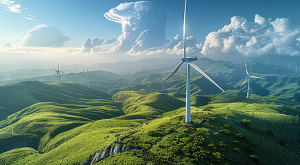 Poster - Renewable energy, green future, wind turbines above green hills. Generative AI.