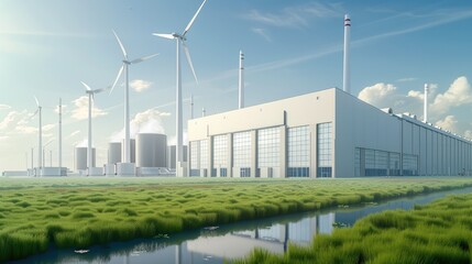 Wall Mural - On the grass in the distance are many modern technology factories that use clean energy for heating. new energy for heating, Several wind turbines stand near the building. Generative AI.