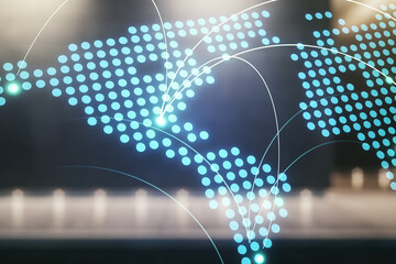 Poster - Abstract virtual world map with connections on blurry modern office building background, international trading concept. Multiexposure