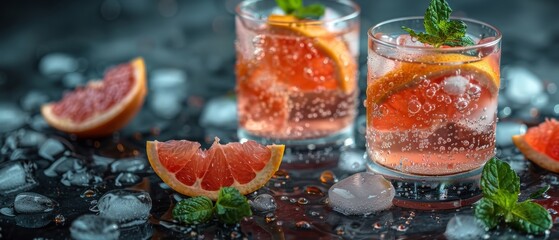 Detailed view of two glasses filled with grapefruit and mint drinks