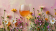 Sophisticated and refined glass of of white wine in flowers on a pink background, in the style of light yellow and light orange