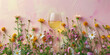 A single wine glass of golden wine stands against a backdrop of lush pink flowers in soft, ambient light.
